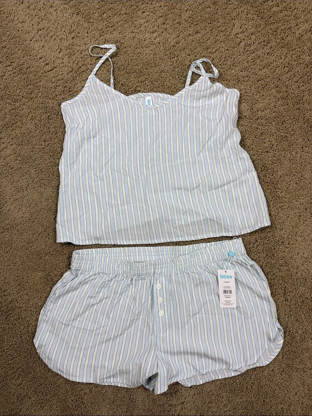 Bliss | Women's Light Blue & White Striped Cotton Cami & Shorts Sleep Set | L